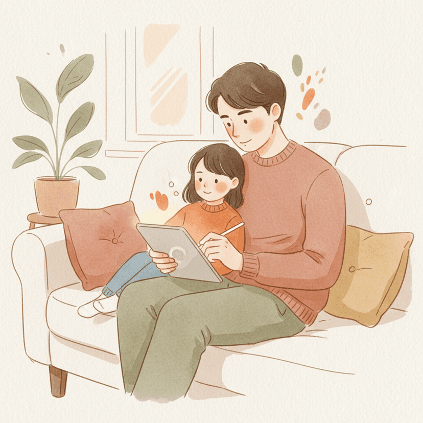 A parent and child sitting together calmly on a couch, the parent reviewing behavioral insights on a tablet